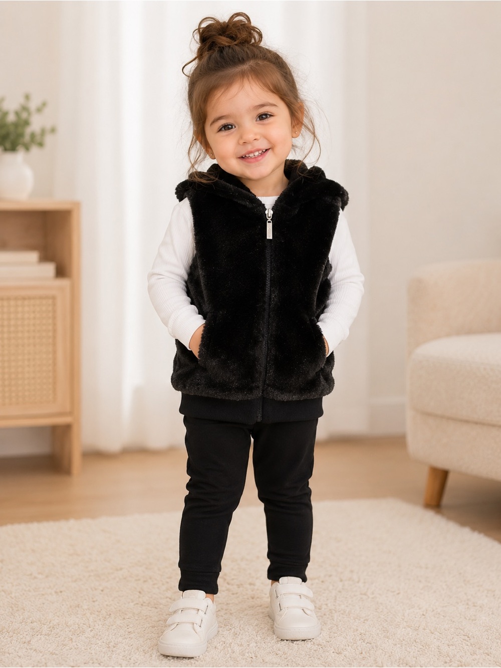 Limited Too Girls Black Faux Fur Hooded Zip Vest Size 2T BNWT